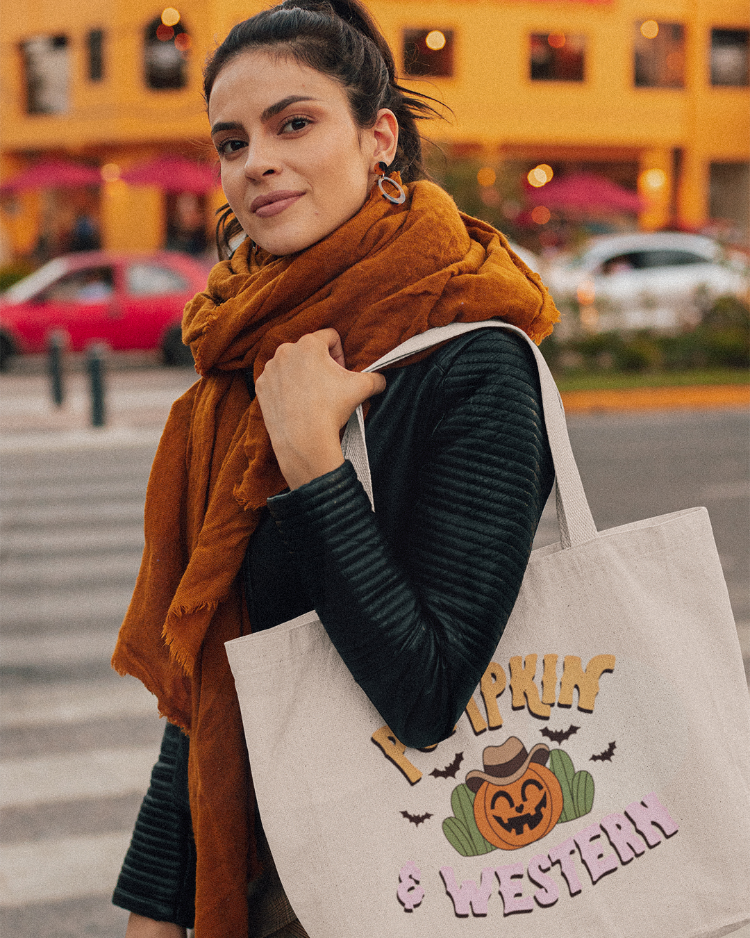 Pumpkin and Western Tote Bag - Halloween Country and Western Shopper Tote Bag - Pumpkin and Western Tote Bag Shopper