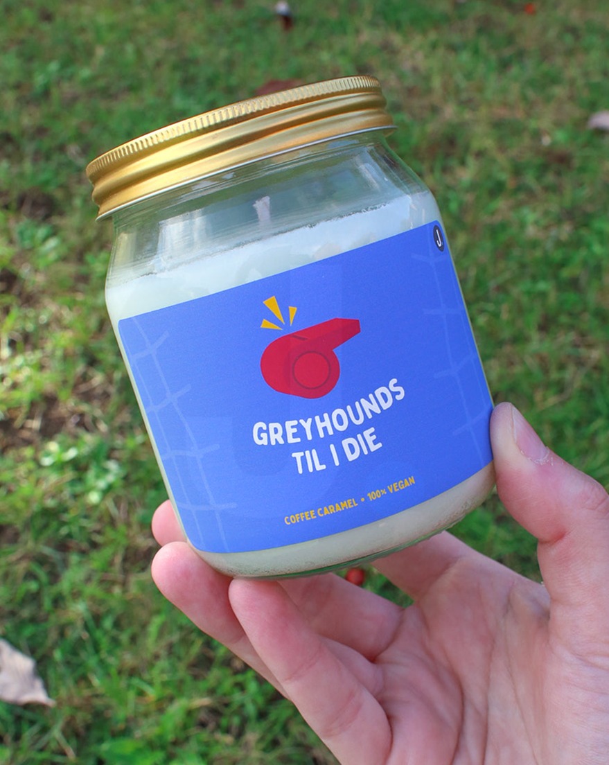Greyhounds Til I Die Candle (Coffee Caramel) - Ted Lasso Inspired Candle - Ted Lasso Candle