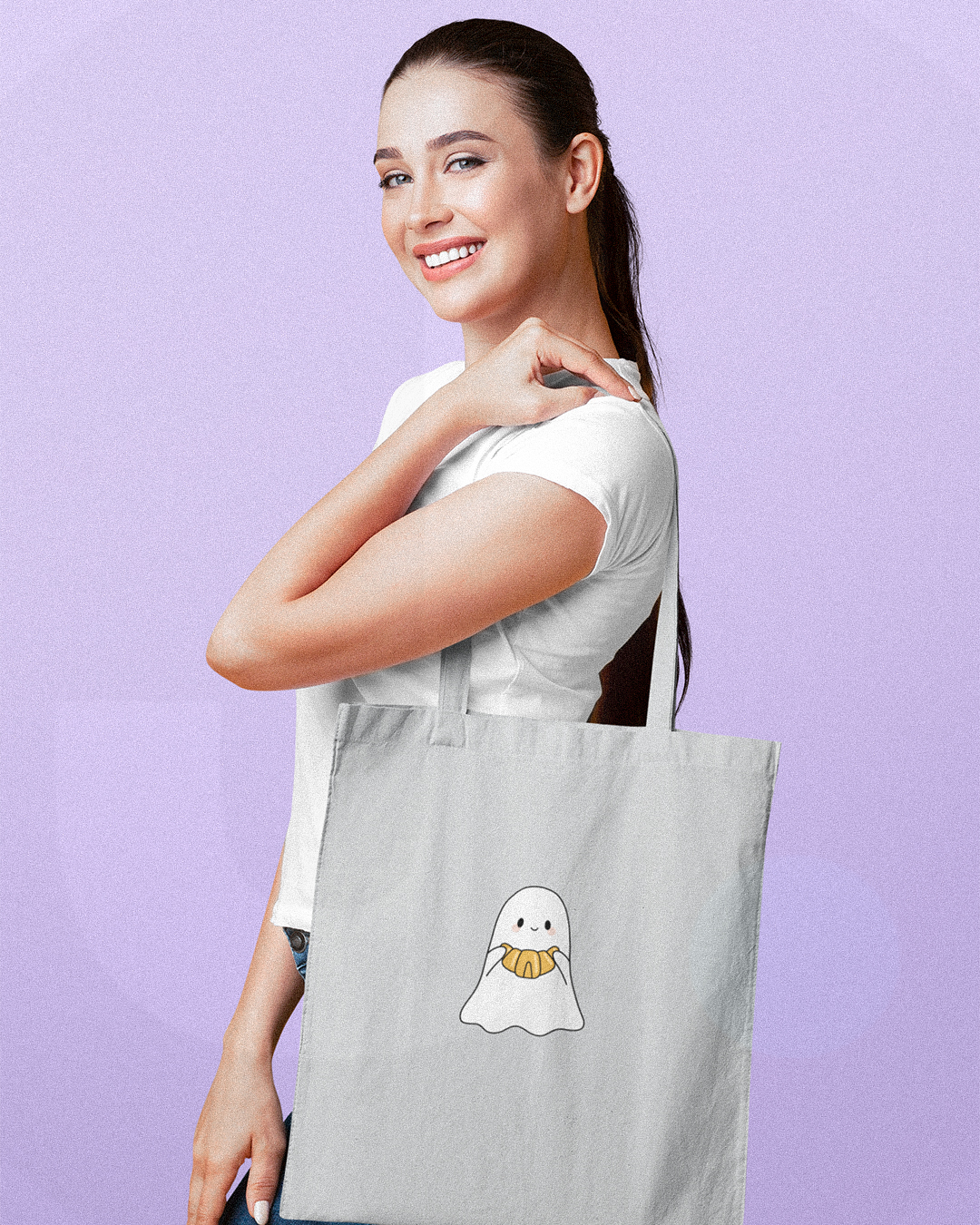 Cute Croissant Ghost Tote Bag - Kawaii Ghost Halloween Tote Bag - Cute Spooky Season Tote Bag - Cute Croissant Ghost Halloween Tote Bag