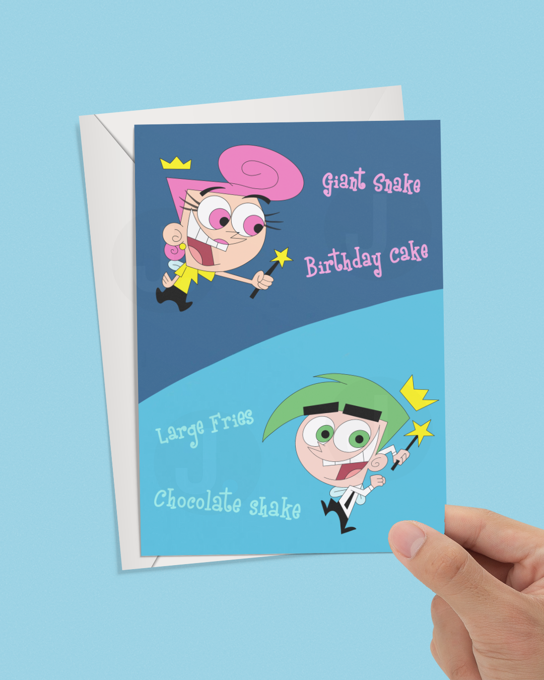 “Giant Snake, Birthday Cake, Large Fries, Chocolate Shake” Birthday Card - Cartoon Fairly Odd Parents Inspired Birthday Card - Fairly Odd Parents Inspired Birthday Card