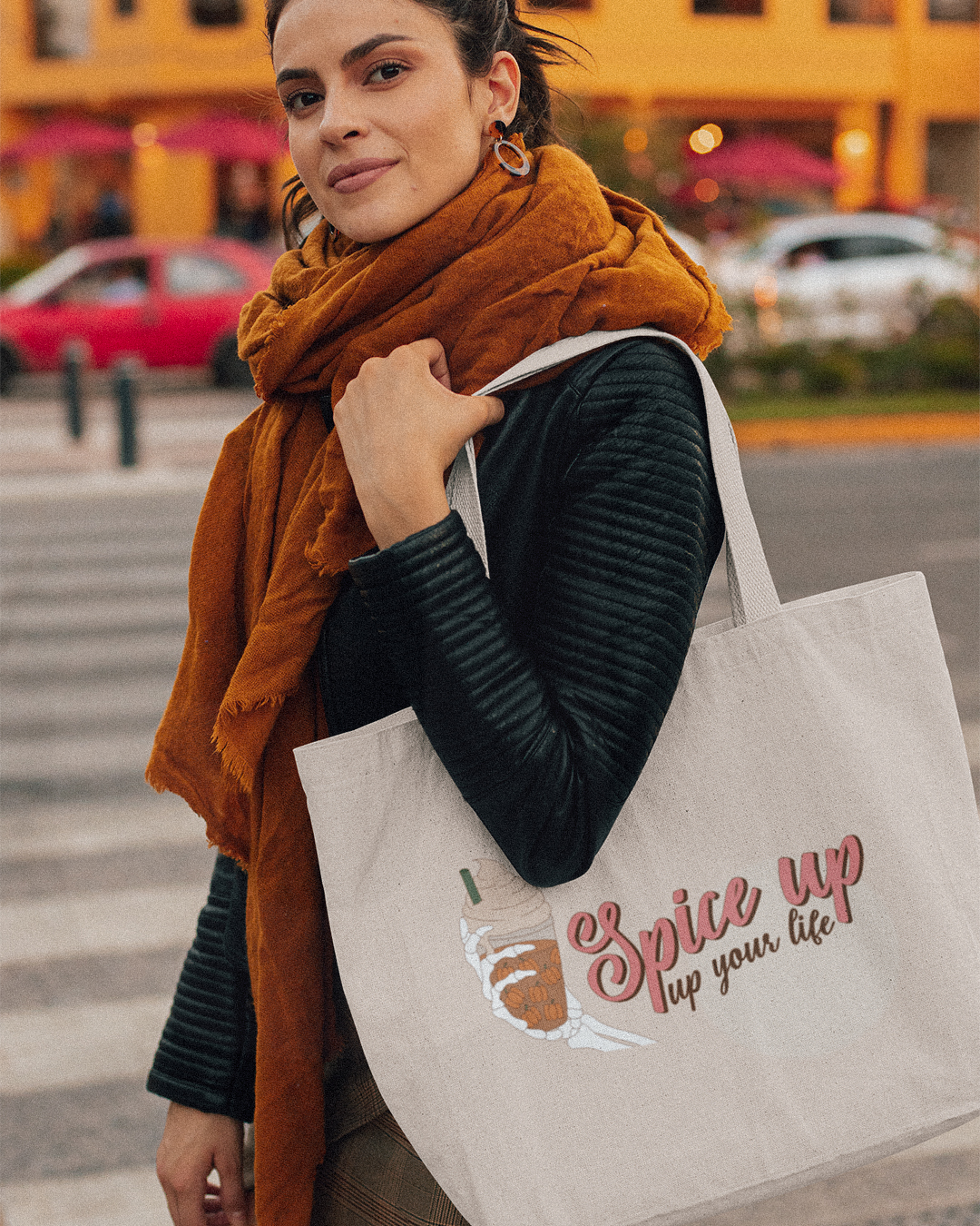 Spice Up Your Life Tote Bag - Spooky Season Skeleton's Hand Pumpkin Spiced Latte Tote Bag - Halloween Pumpkin Spiced Latte Shopper Tote Bag - Pumpkin Spiced Latte Tote Bag Shopper
